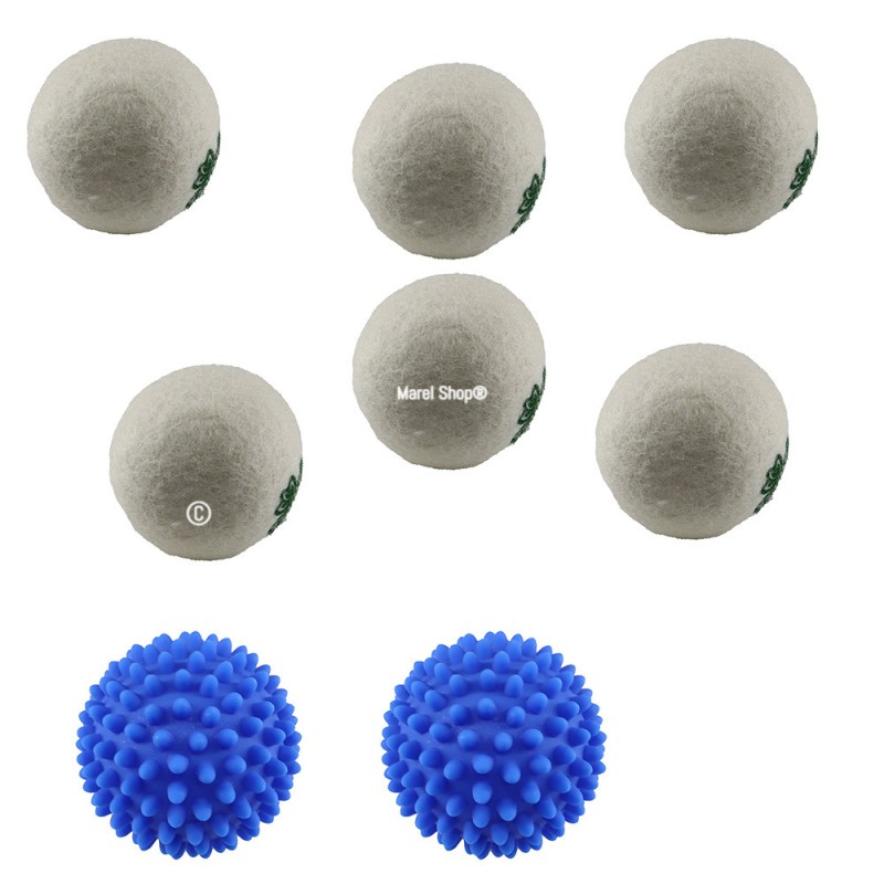 Kit palline universali ammorbidenti e antipiega 6 in lana bianche e 2 in  gomma per asciugatrice